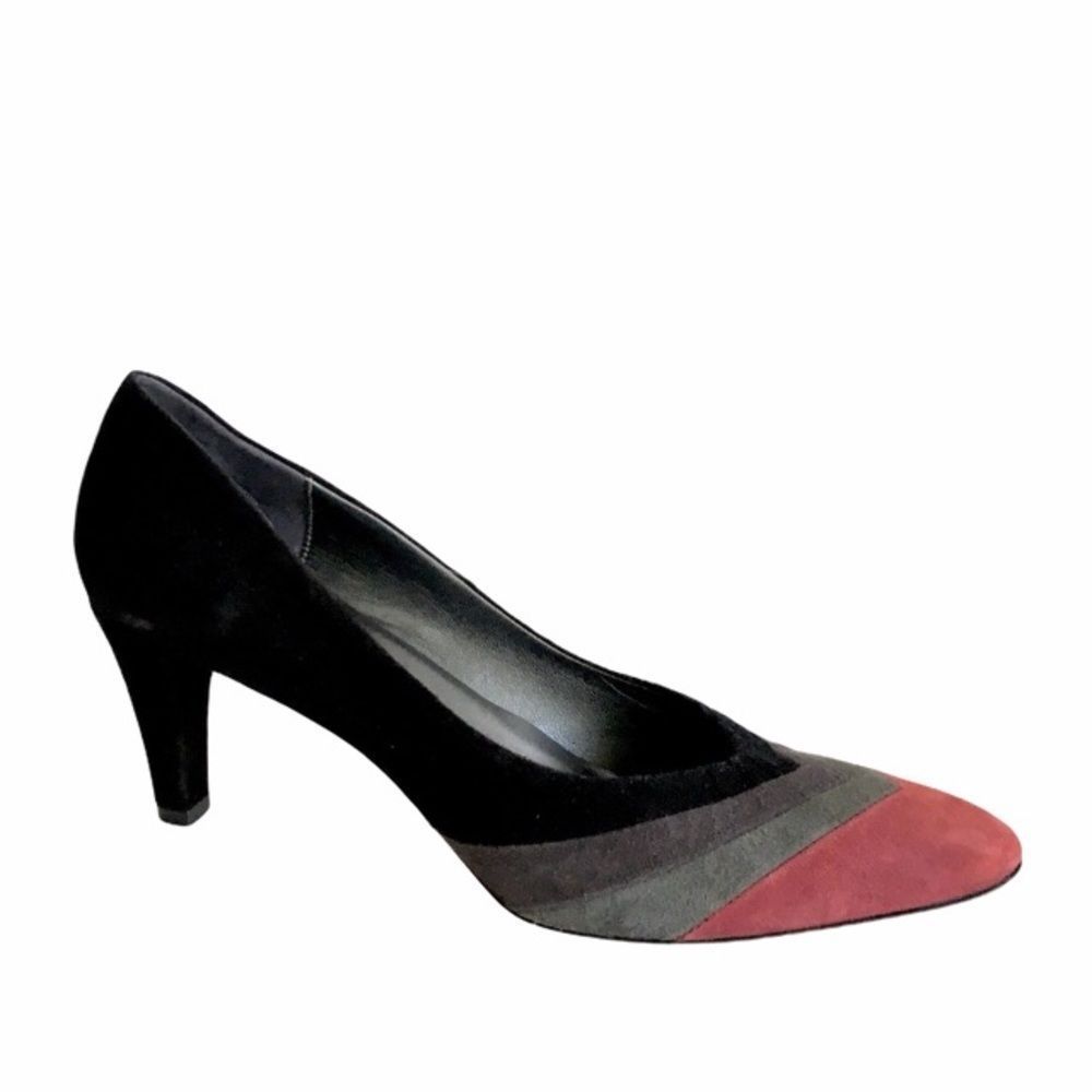 PREVATA Italy Chevron Colour Block Suede Pumps Heels Black Grey Burgundy 7